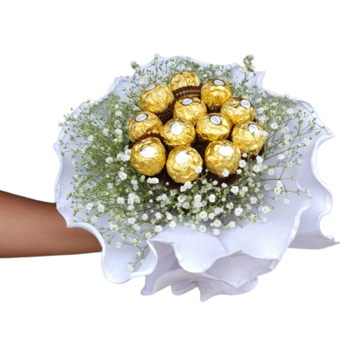 Ramo de flores con bombones chocolate rocher blanco
